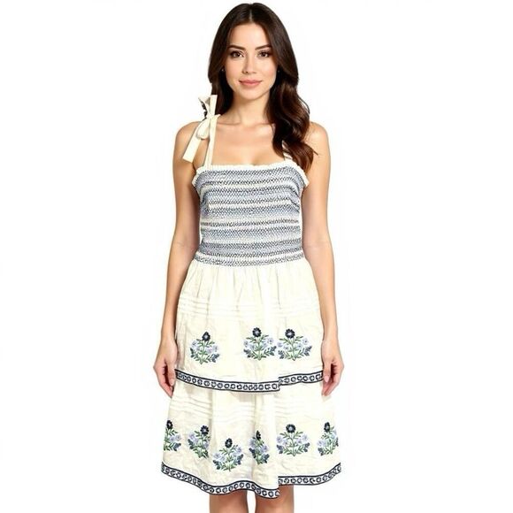 Draper James White & Blue Tiered Floral Embroidered Smocked  Top Knee Length Dre - Picture 1 of 9